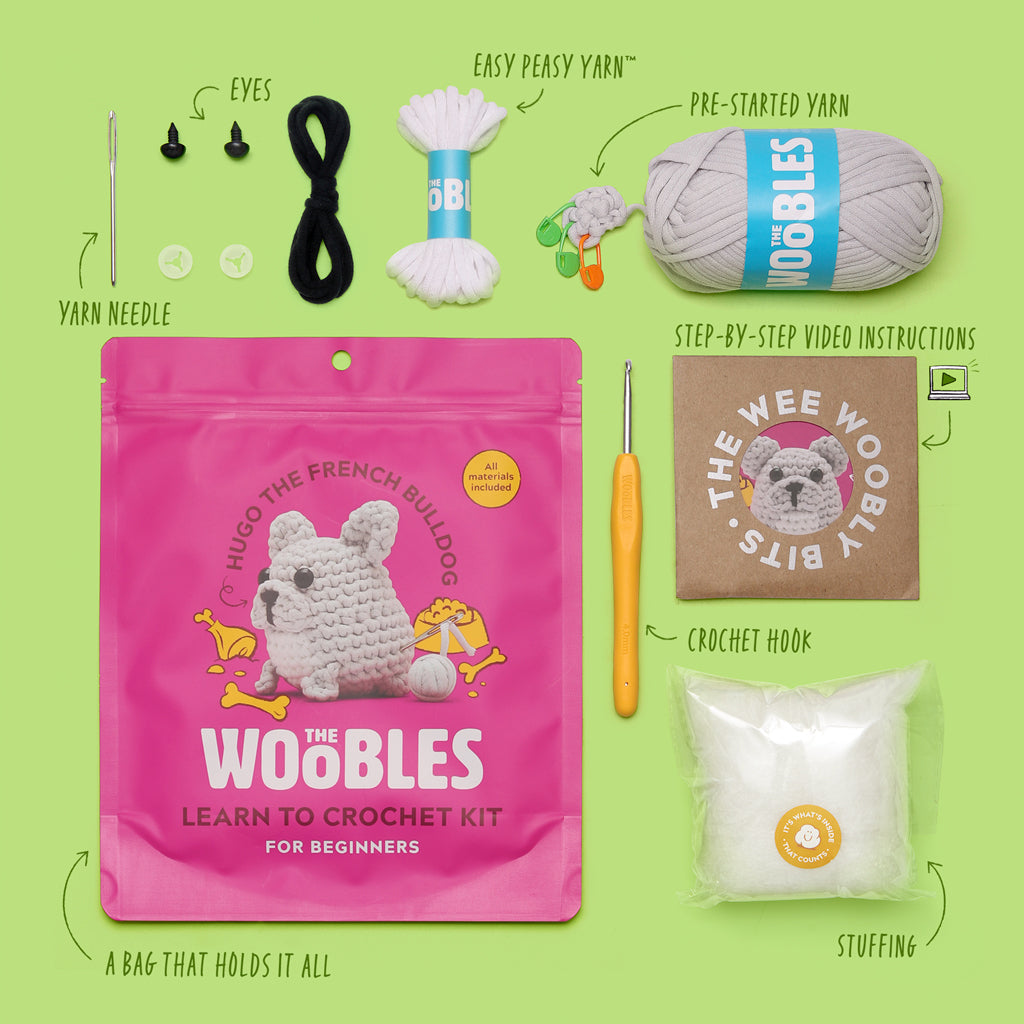 The Woobles Hugo the French Bulldog Beginner Crochet Kit | Easy Amigurumi Dog for Ages 8+