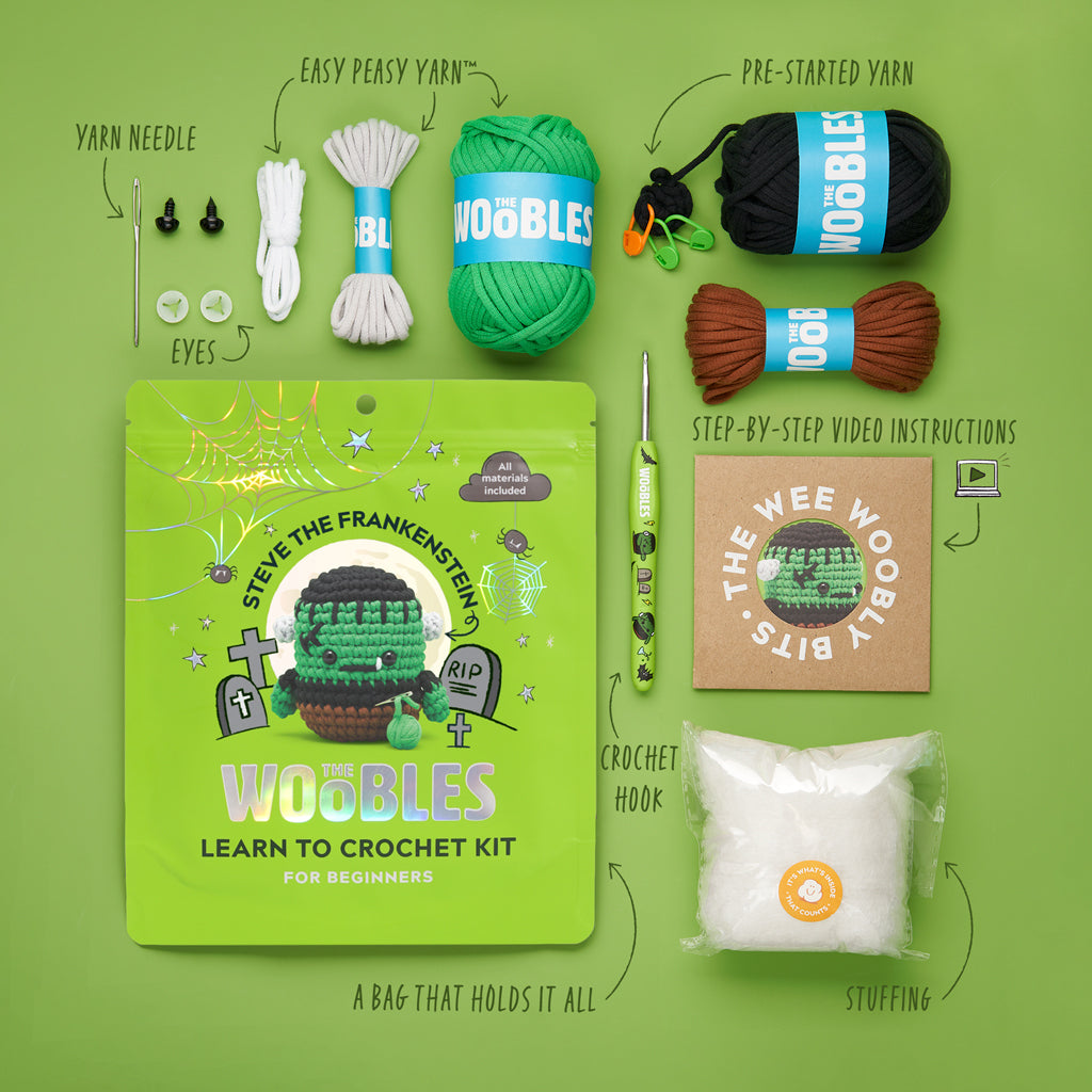 The Woobles Steve the Frankenstein Beginner Crochet Kit | Halloween Amigurumi Kit for Ages 8+