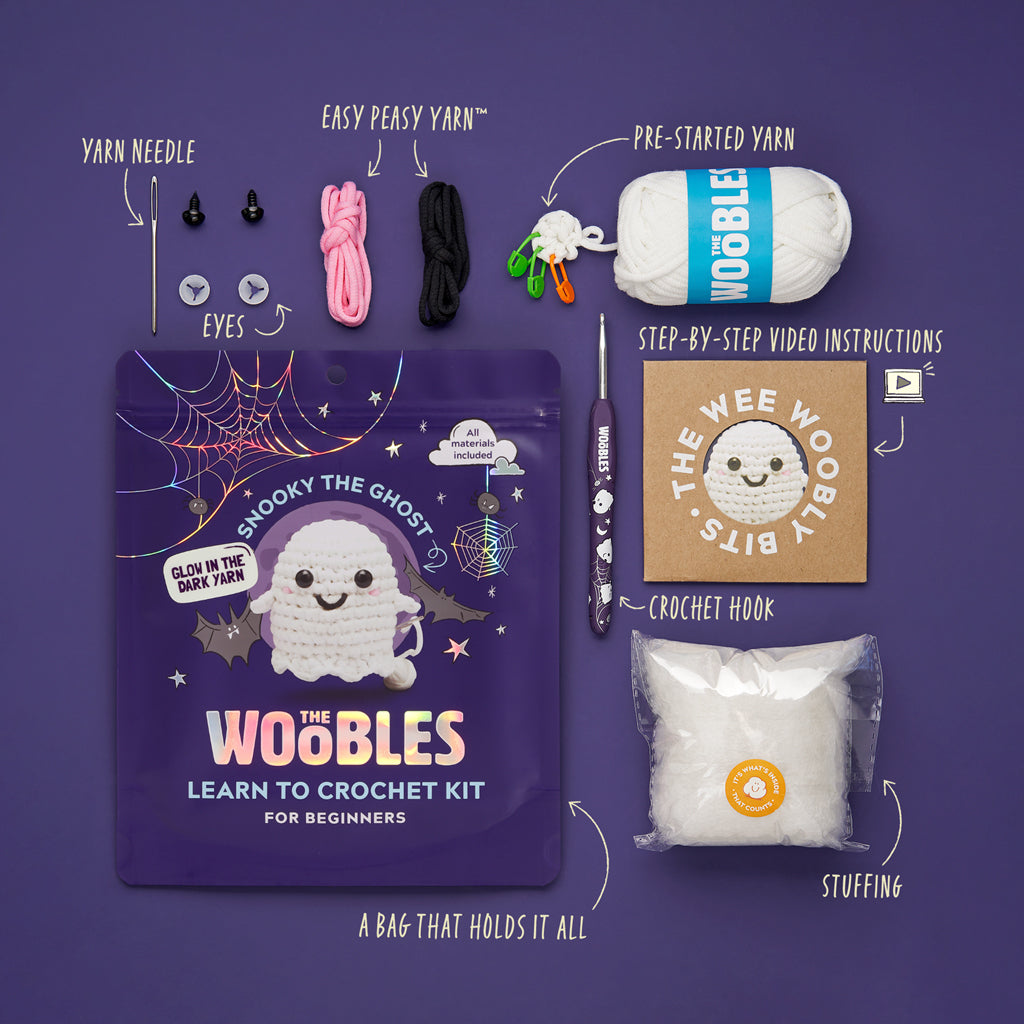 The Woobles Snooky the Ghost Beginner Crochet Kit | Halloween Amigurumi Kit for Ages 8+