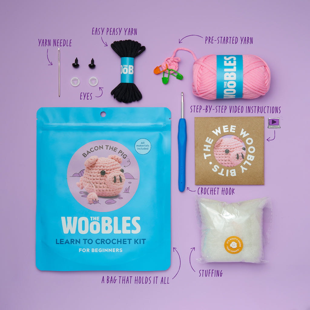The Woobles Bacon the Pig Beginner Crochet Kit | Easy Amigurumi Kit for Ages 8+