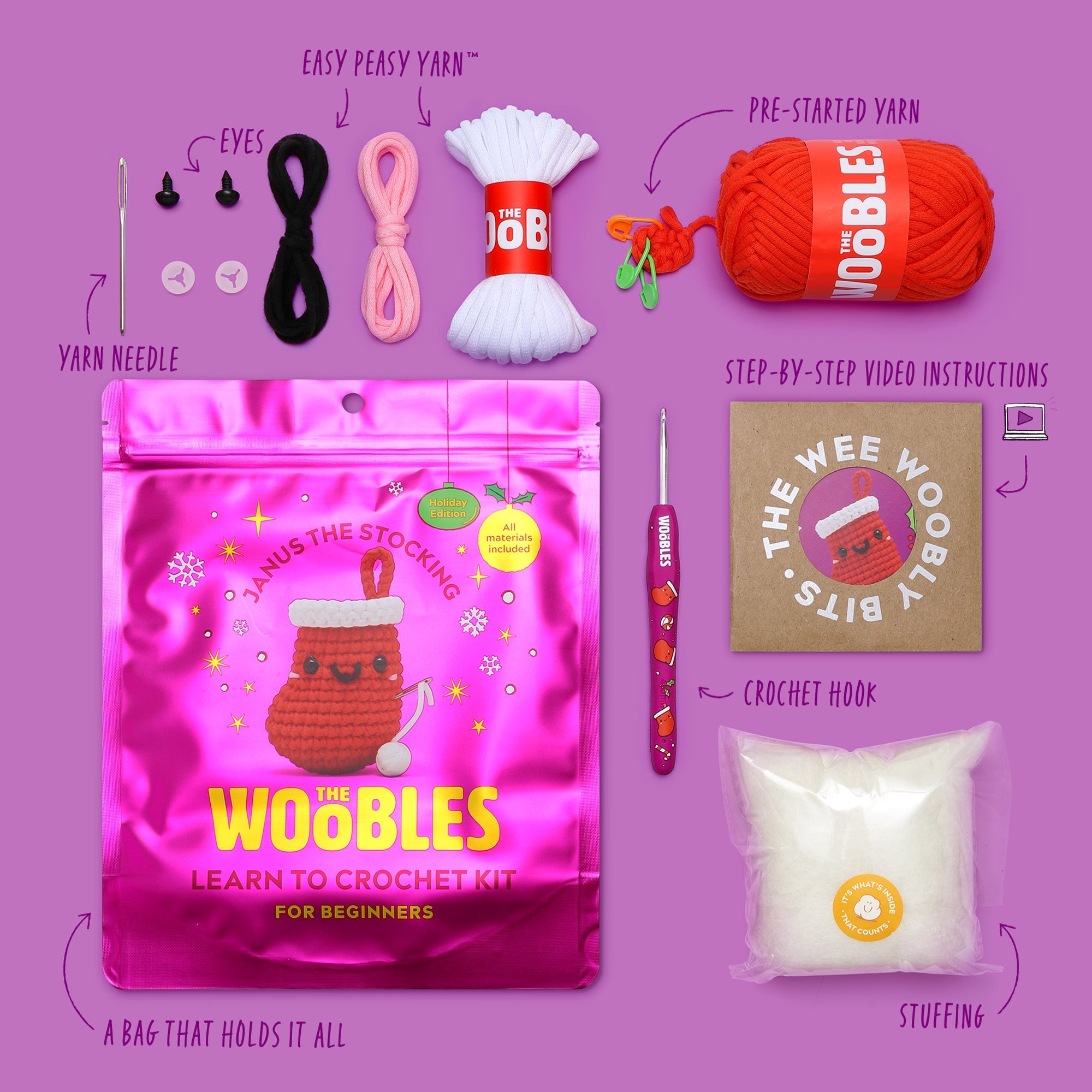 The Woobles Janus the Stocking Beginner Crochet Kit | Christmas Amigurumi Kit for Ages 8+
