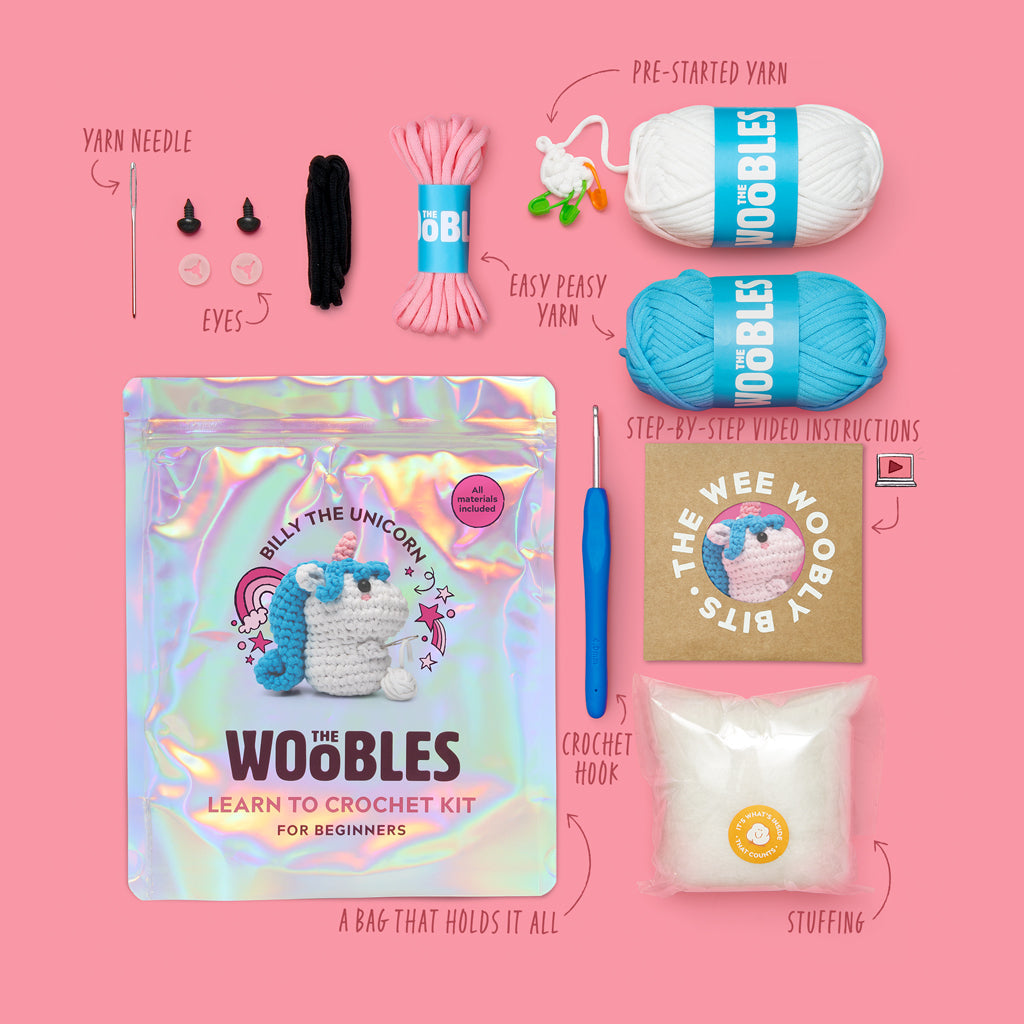 The Woobles Billy the Unicorn Beginner Crochet Kit | Easy Amigurumi Unicorn for Ages 8+