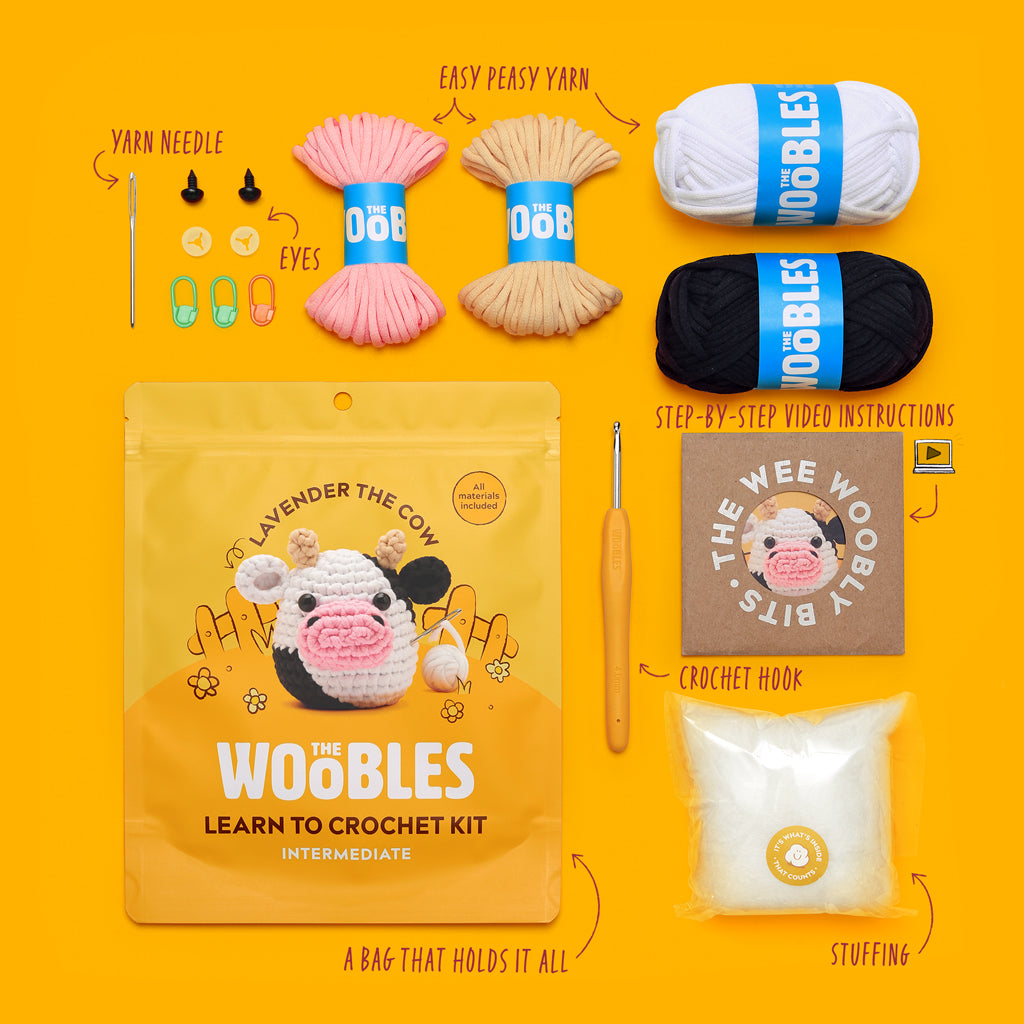 The Woobles Lavender the Cow Beginner Crochet Kit | Easy Amigurumi Cow for Ages 8+