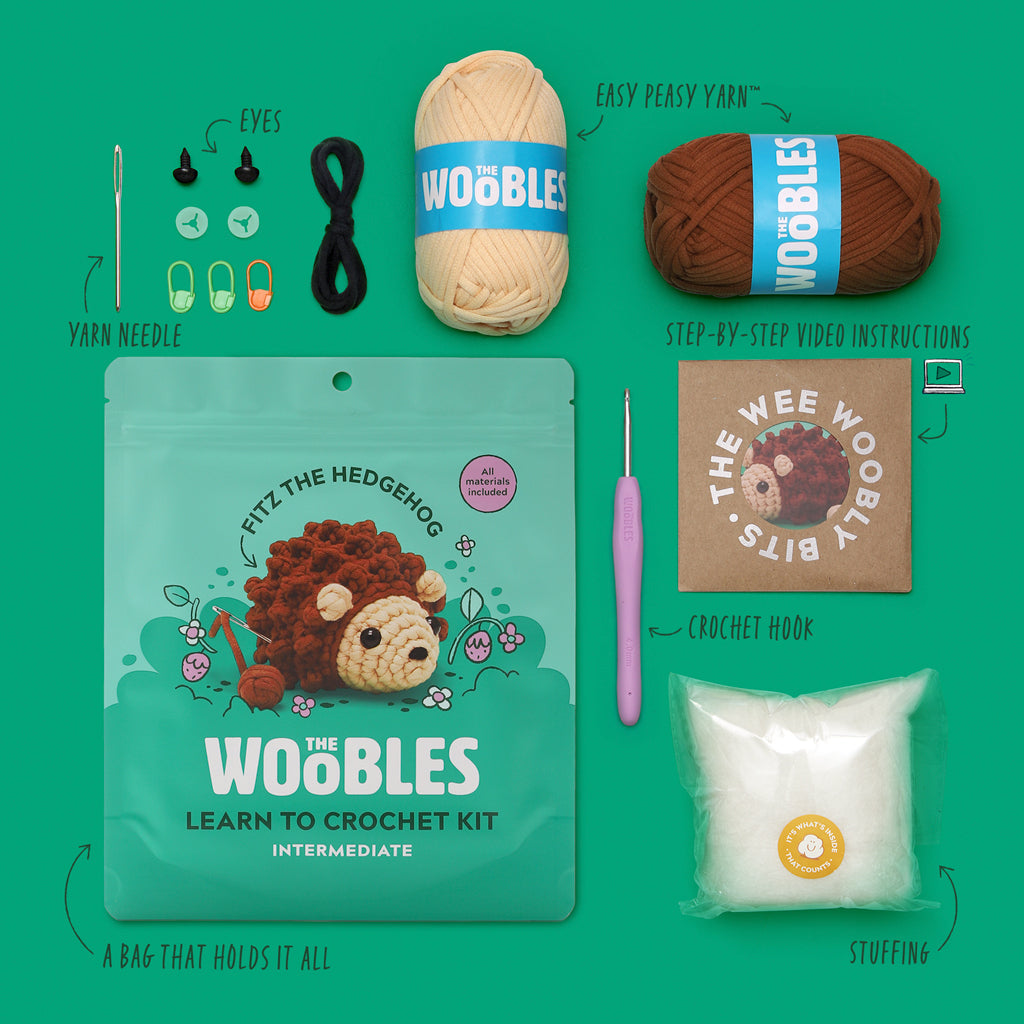 The Woobles Fitz the Hedgehog Beginner Crochet Kit | Easy Amigurumi Hedgehog for Ages 8+