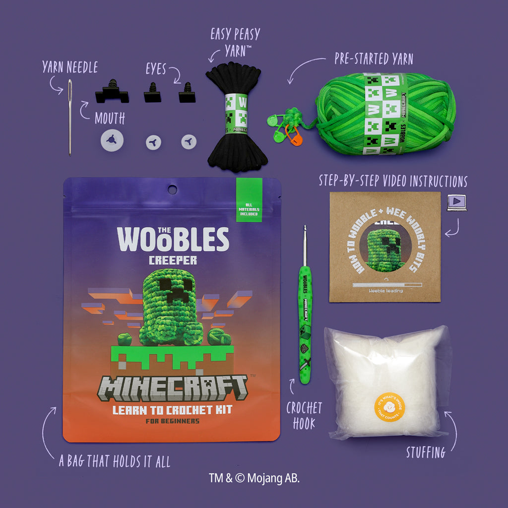 The Woobles Minecraft Creeper Crochet Kit | Official Minecraft Beginner Amigurumi for Ages 12+