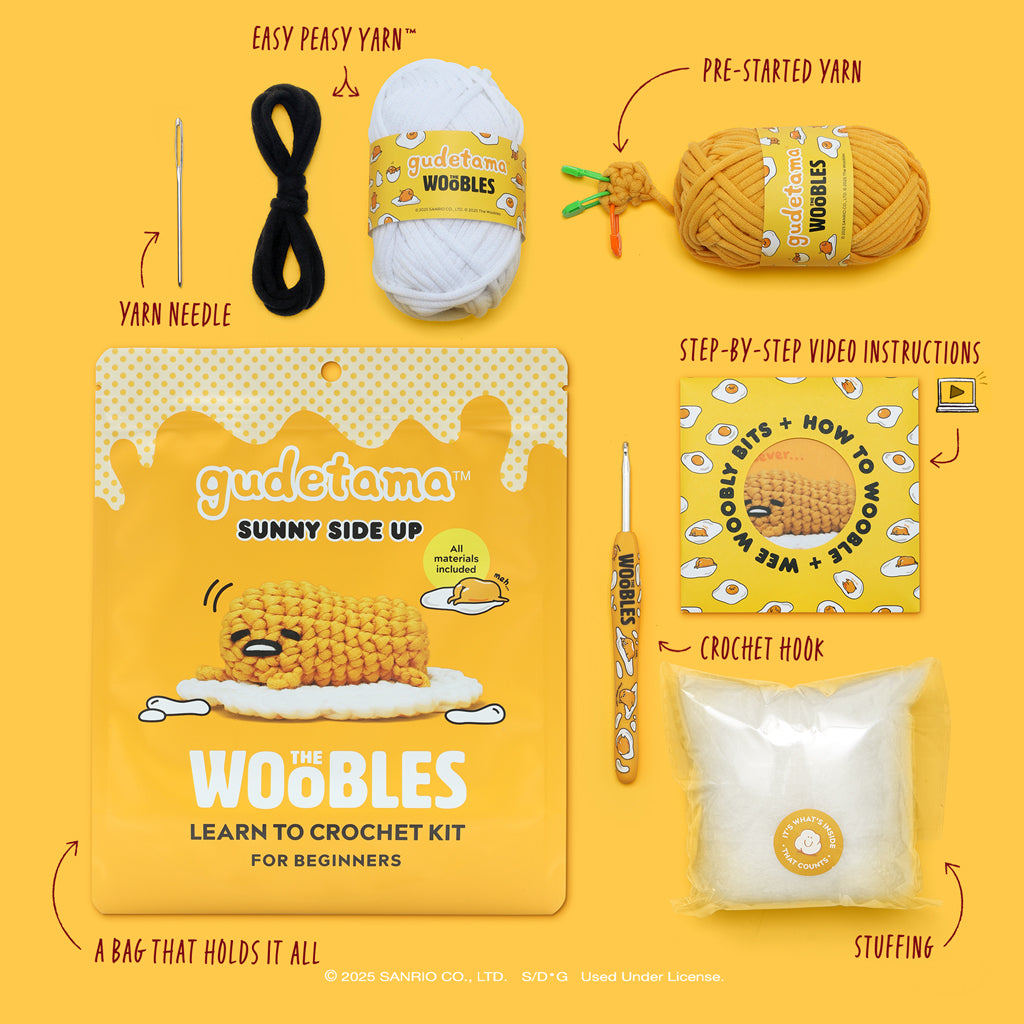 The Woobles Gudetama Sunny Side Crochet Kit | Sanrio Beginner Amigurumi for Ages 12+