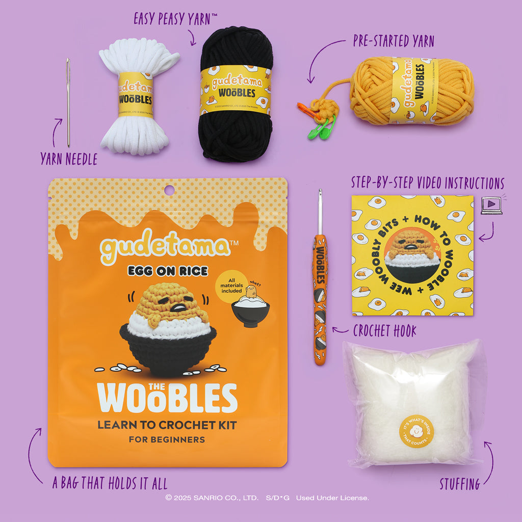 The Woobles Gudetama Egg on Rice Crochet Kit | Sanrio Beginner Amigurumi for Ages 12+