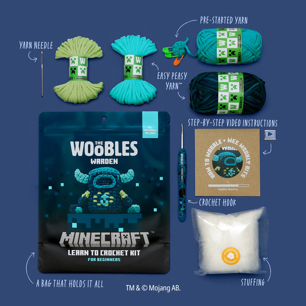 The Woobles Minecraft Warden Crochet Kit | Official Minecraft Beginner Amigurumi for Ages 12+