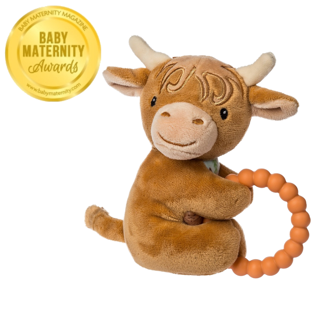 Mary Meyer Hetty Highland Cow Teether Rattle – Soft Baby Cow Sensory Teether