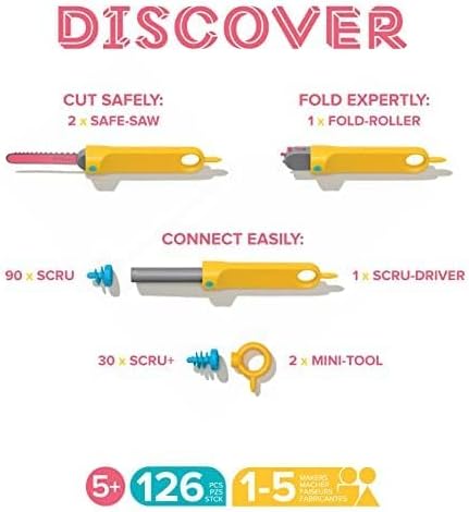 MakeDo Discover 126-Piece Cardboard Construction Tool Kit – STEM Maker Kit for 2-5 Kids (Ages 5+)
