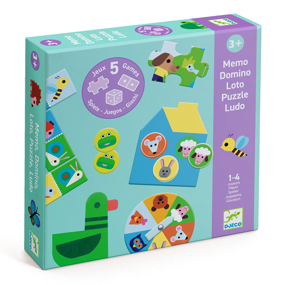 Djeco 5-in-1 At the Farm Game Set – Memory, Lotto, Dominoes, Puzzle & Board Game (Ages 3+)