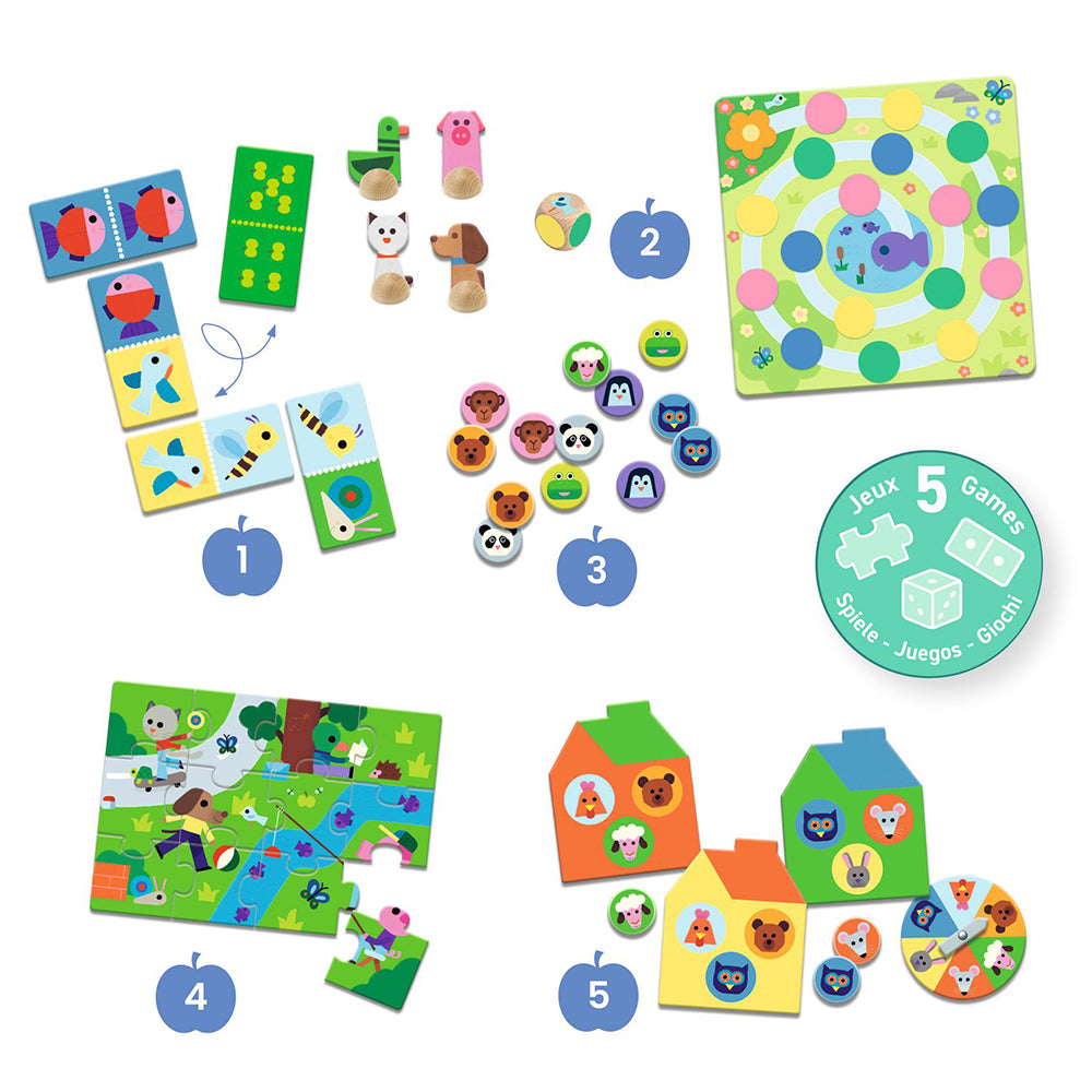 Djeco 5-in-1 At the Farm Game Set – Memory, Lotto, Dominoes, Puzzle & Board Game (Ages 3+)