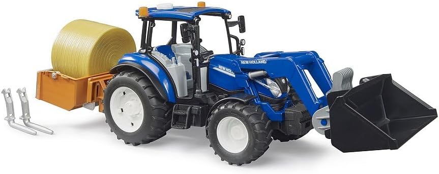 Bruder New Holland Powerstar T5.120 Tractor Set – Front Loader, Load Box, Bale & Forks Included (Ages 3+)