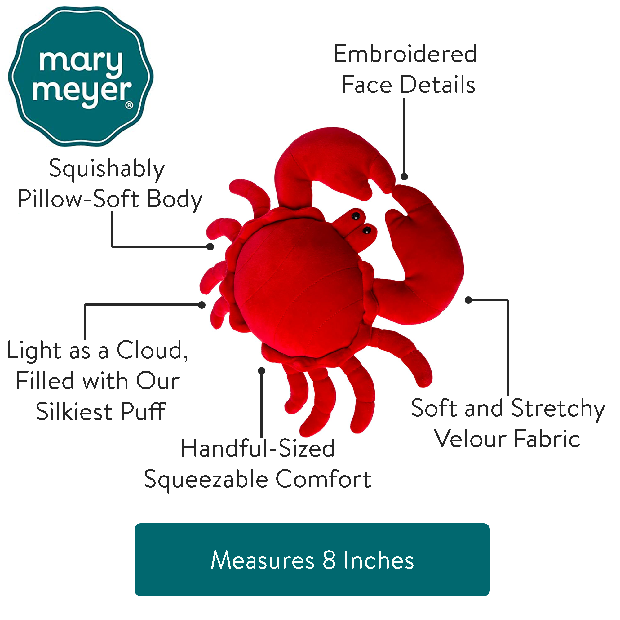 Mary Meyer Smootheez Crab 8" – Smooth-Textured Plush Ocean Stuffed Animal