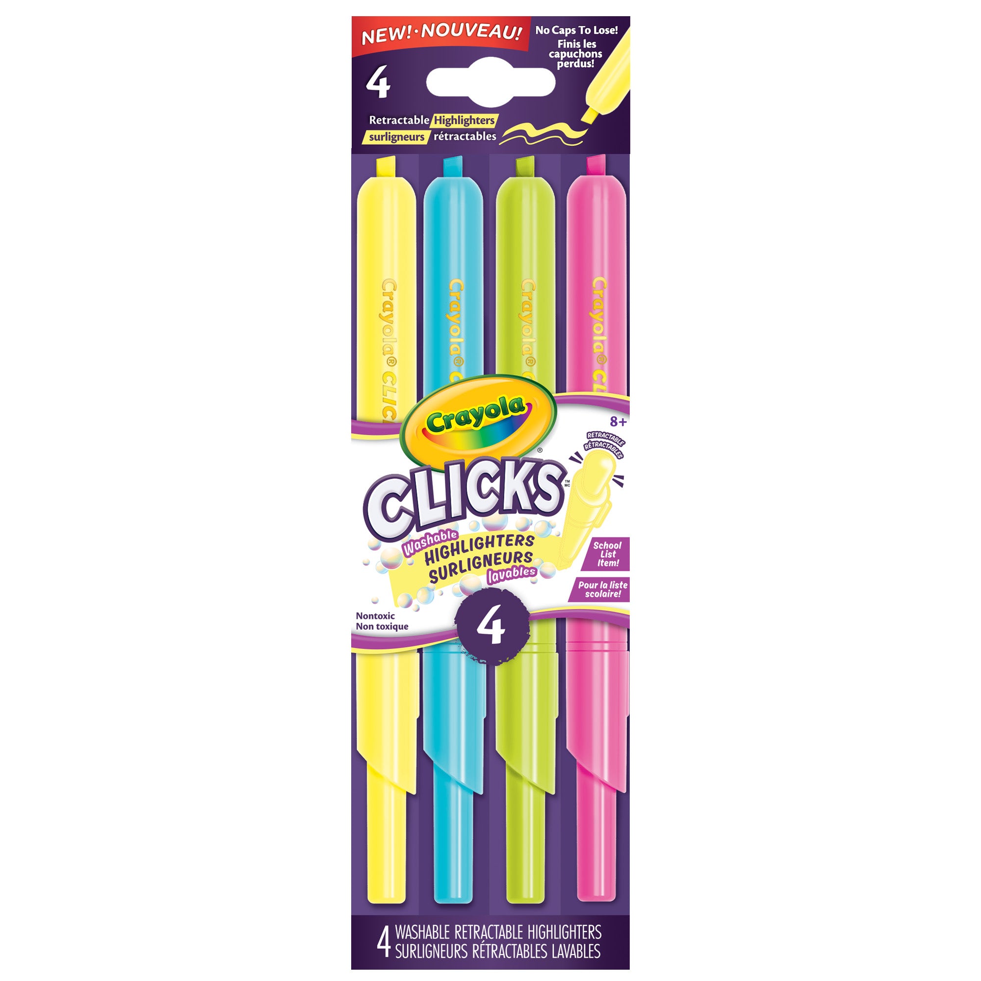 Crayola Clicks 4-Count Retractable Highlighters – No-Cap Study Highlighters for School (Ages 5+)