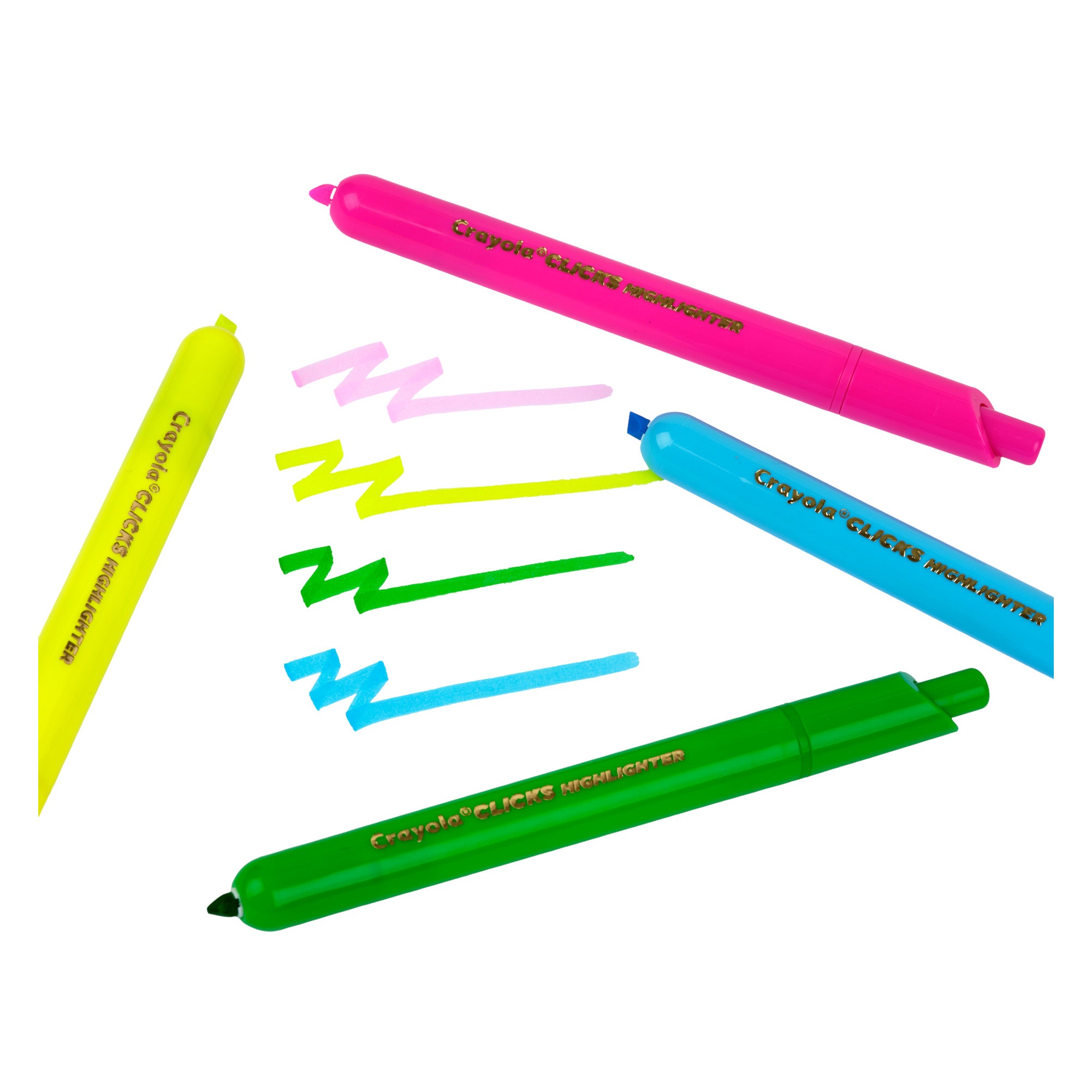 Crayola Clicks 4-Count Retractable Highlighters – No-Cap Study Highlighters for School (Ages 5+)