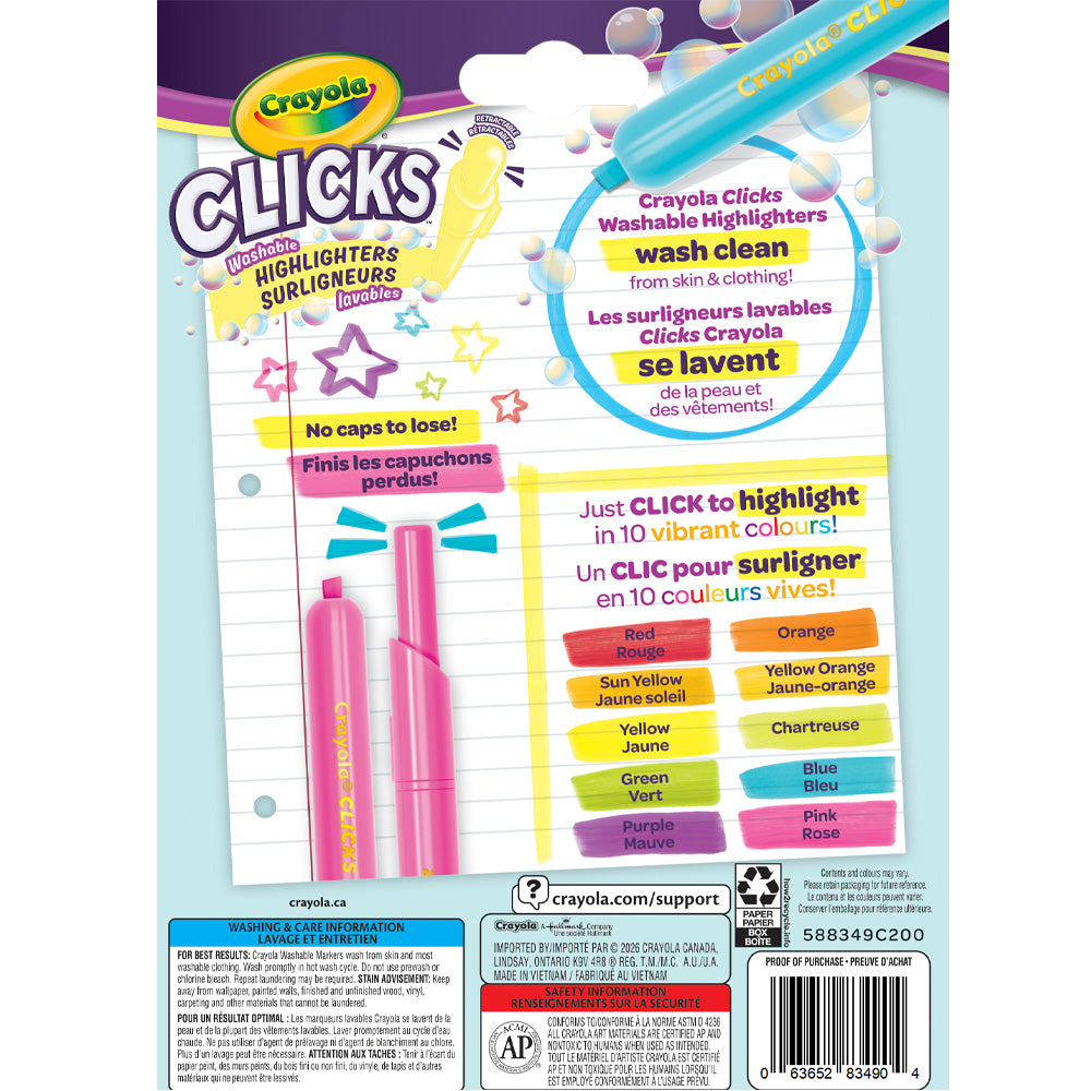 Crayola Clicks 10-Count Retractable Highlighters – No-Cap Study Highlighter Value Set (Ages 5+)