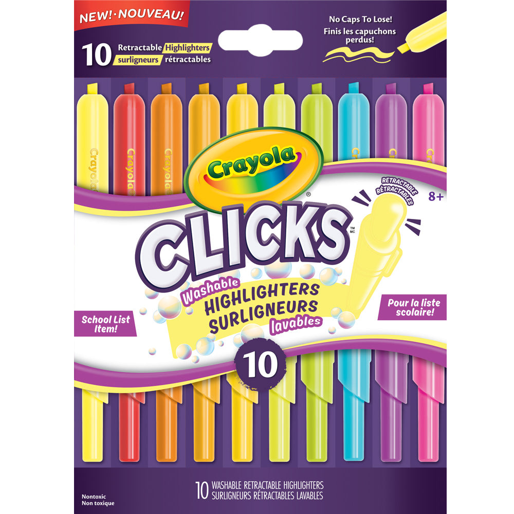 Crayola Clicks 10-Count Retractable Highlighters – No-Cap Study Highlighter Value Set (Ages 5+)