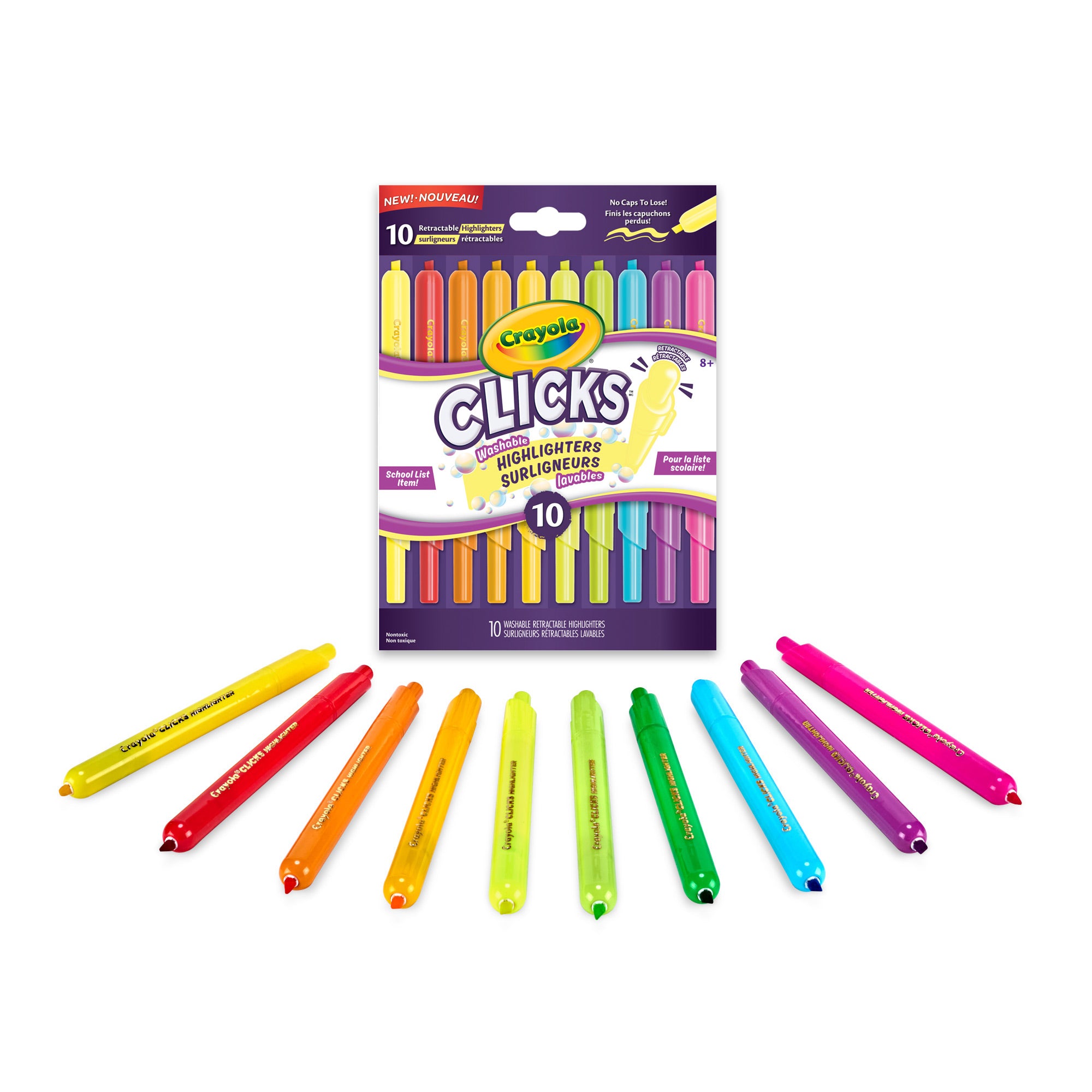 Crayola Clicks 10-Count Retractable Highlighters – No-Cap Study Highlighter Value Set (Ages 5+)