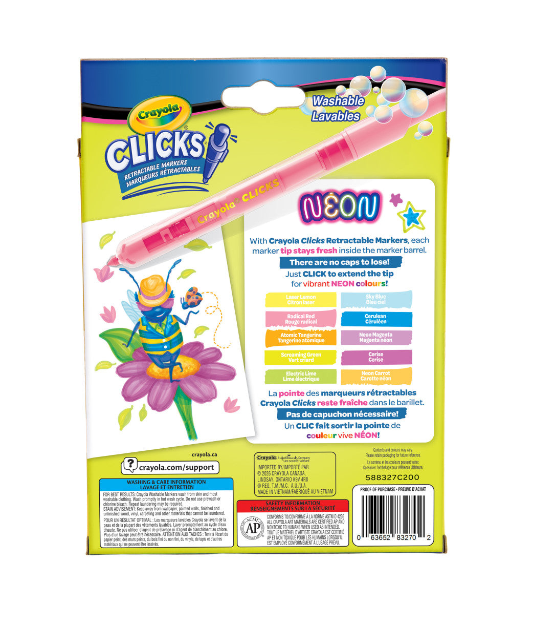 Crayola 10 Count Clicks Retractable Neon Markers – No-Cap Washable Kids Markers