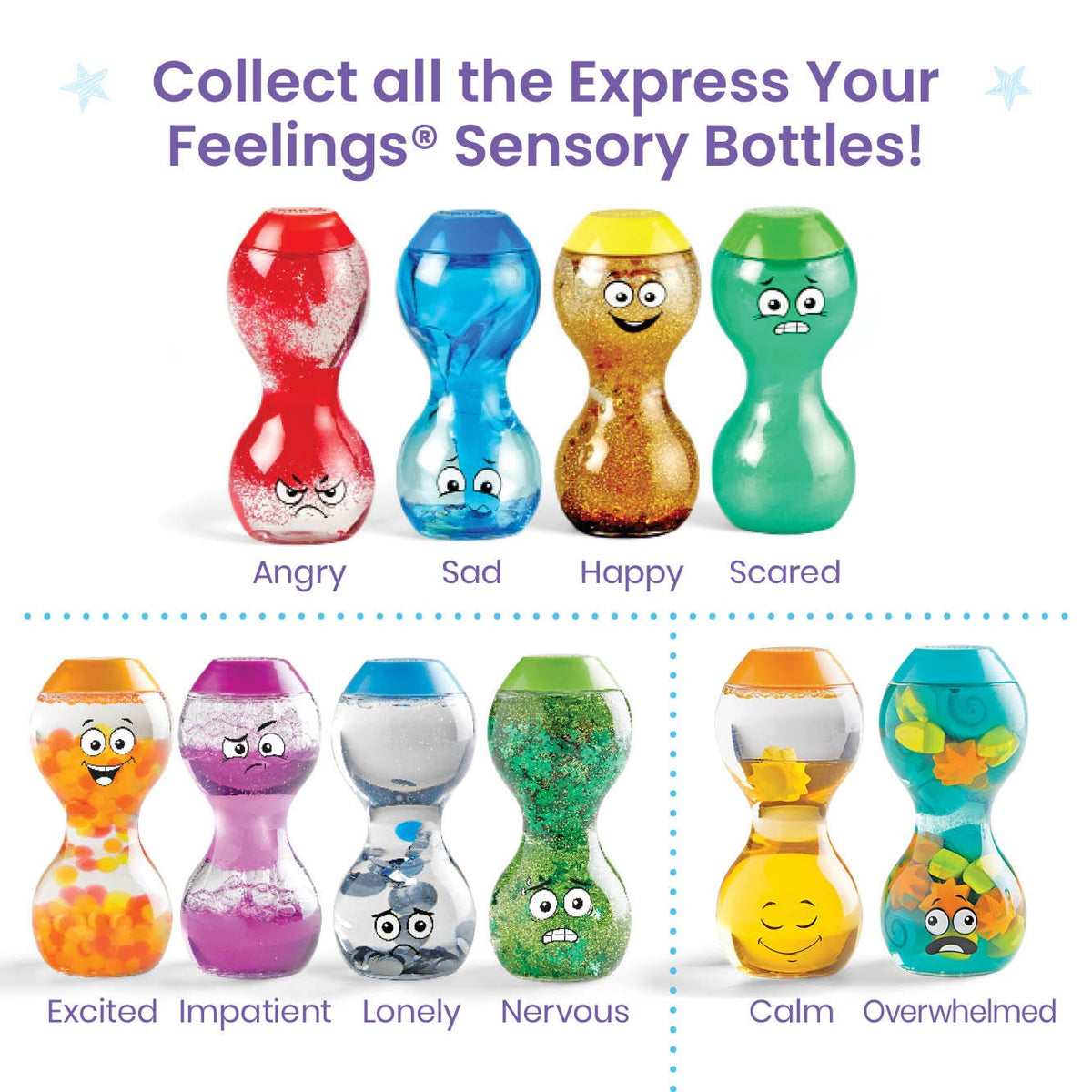 hand2mind Express Your Feelings Sensory Bottles – Excited, Nervous, Lonely & Impatient 4-Bottle SEL Set (Ages 3+)