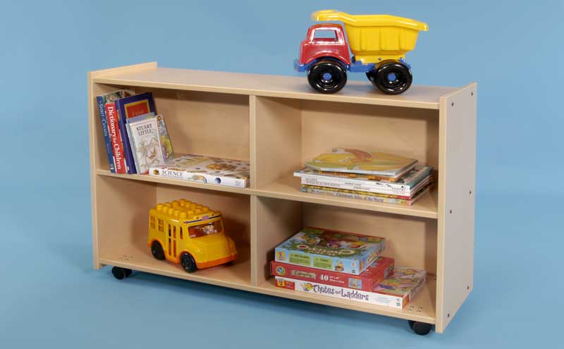 Stock Wooden Toys 4-Section Storage Unit – Four-Compartment Classroom Storage with Locking Casters (Canadian-Made)