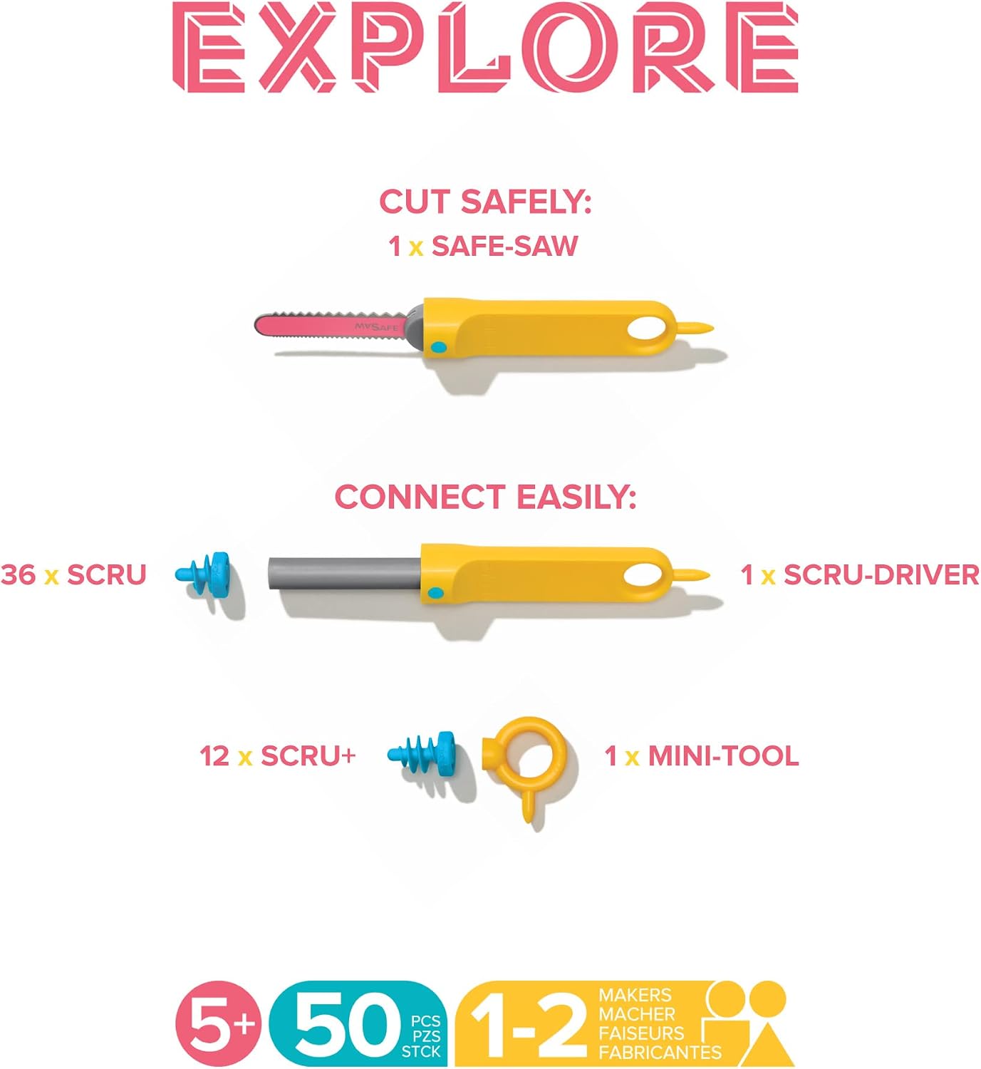 MakeDo Explore 50-Piece Cardboard Construction Tool Kit – STEM Maker Kit for 1-2 Kids (Ages 5+)