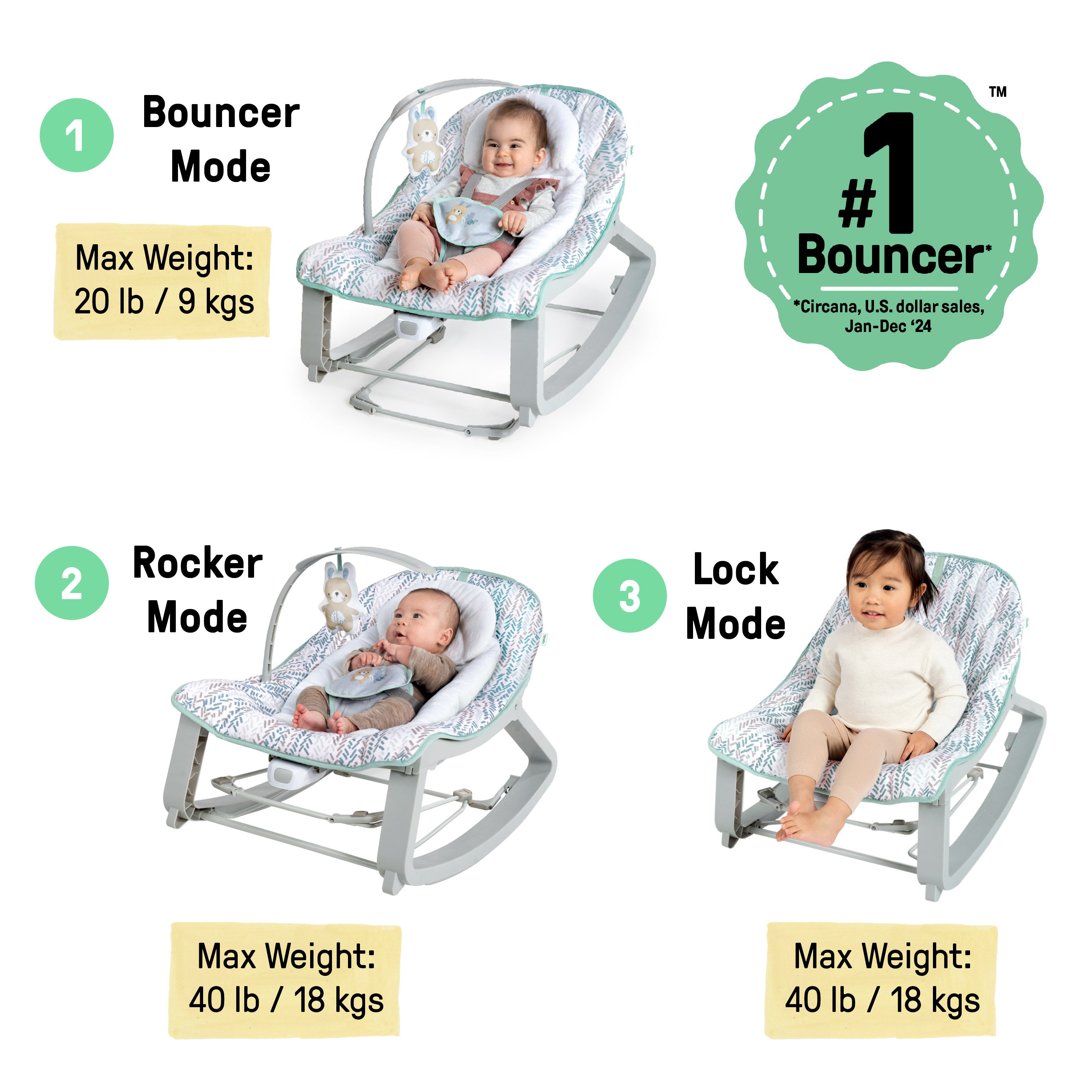 Ingenuity Keep Cozy 3-in-1 Grow with Me Bounce & Rock Seat - Spruce