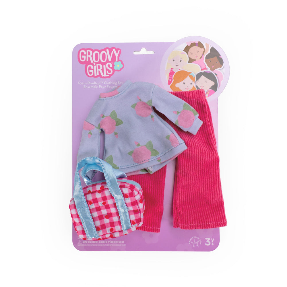 Manhattan Toy Groovy Girls Retro Road Trip Doll Outfit – 3-Piece Rose-Print Shirt, Corduroy Pants & Weekend Bag for 13" Groovy Girls Dolls (Ages 3+)