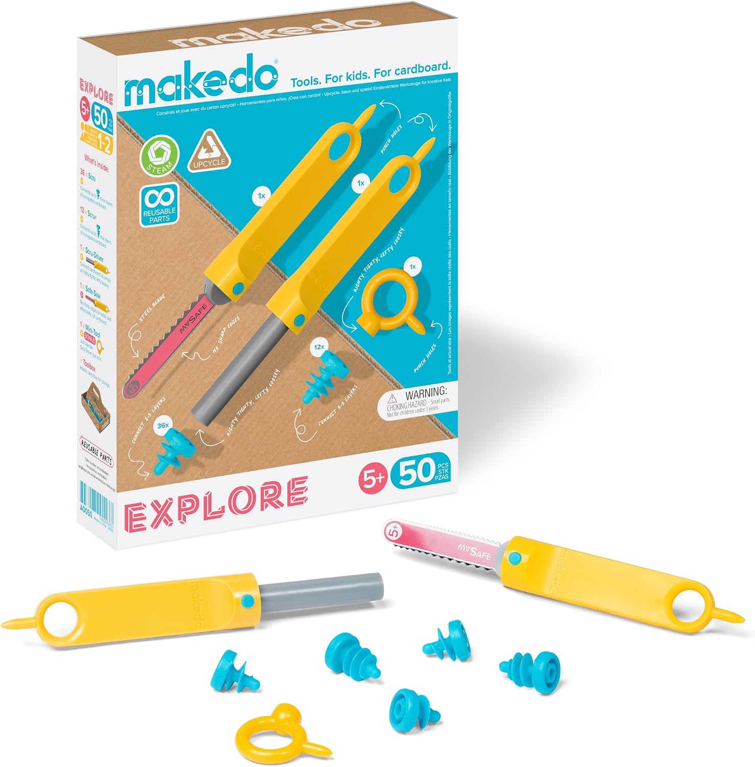 MakeDo Explore 50-Piece Cardboard Construction Tool Kit – STEM Maker Kit for 1-2 Kids (Ages 5+)