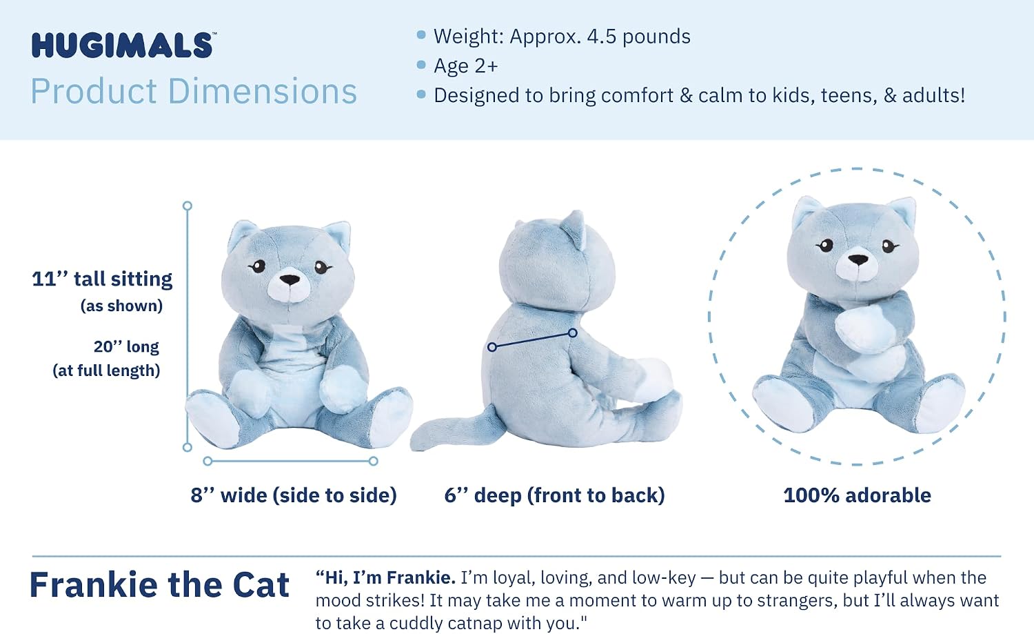 Hugimals Frankie the Cat – 4.5 lb Weighted Stuffed Animal for Calm & Comfort (Ages 2+)