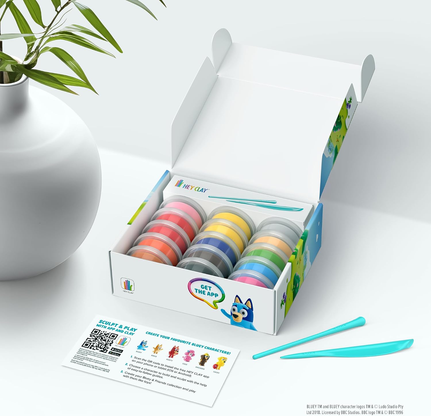 Hey Clay Bluey & Friends 15-Can Air-Dry Clay Kit – Sculpt Bluey, Bingo, Coco & More with App-Guided Instructions (Ages 3+)