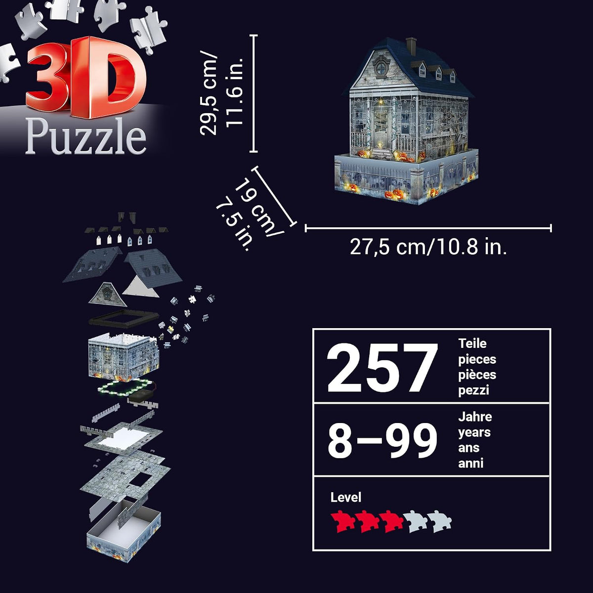 Ravensburger Haunted House Night Edition 216-Piece 3D Puzzle – Light-Up Halloween Display with LED Module (Ages 8+)