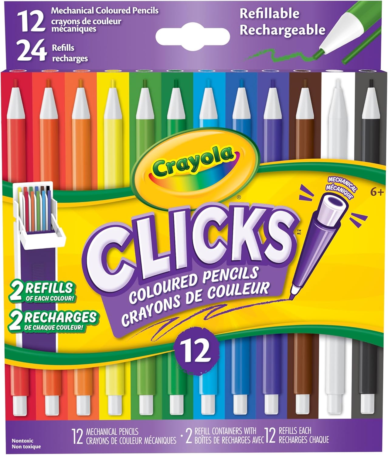 Crayola 12 Count Clicks Mechanical Coloured Pencils – No-Sharpen Retractable Art Pencils
