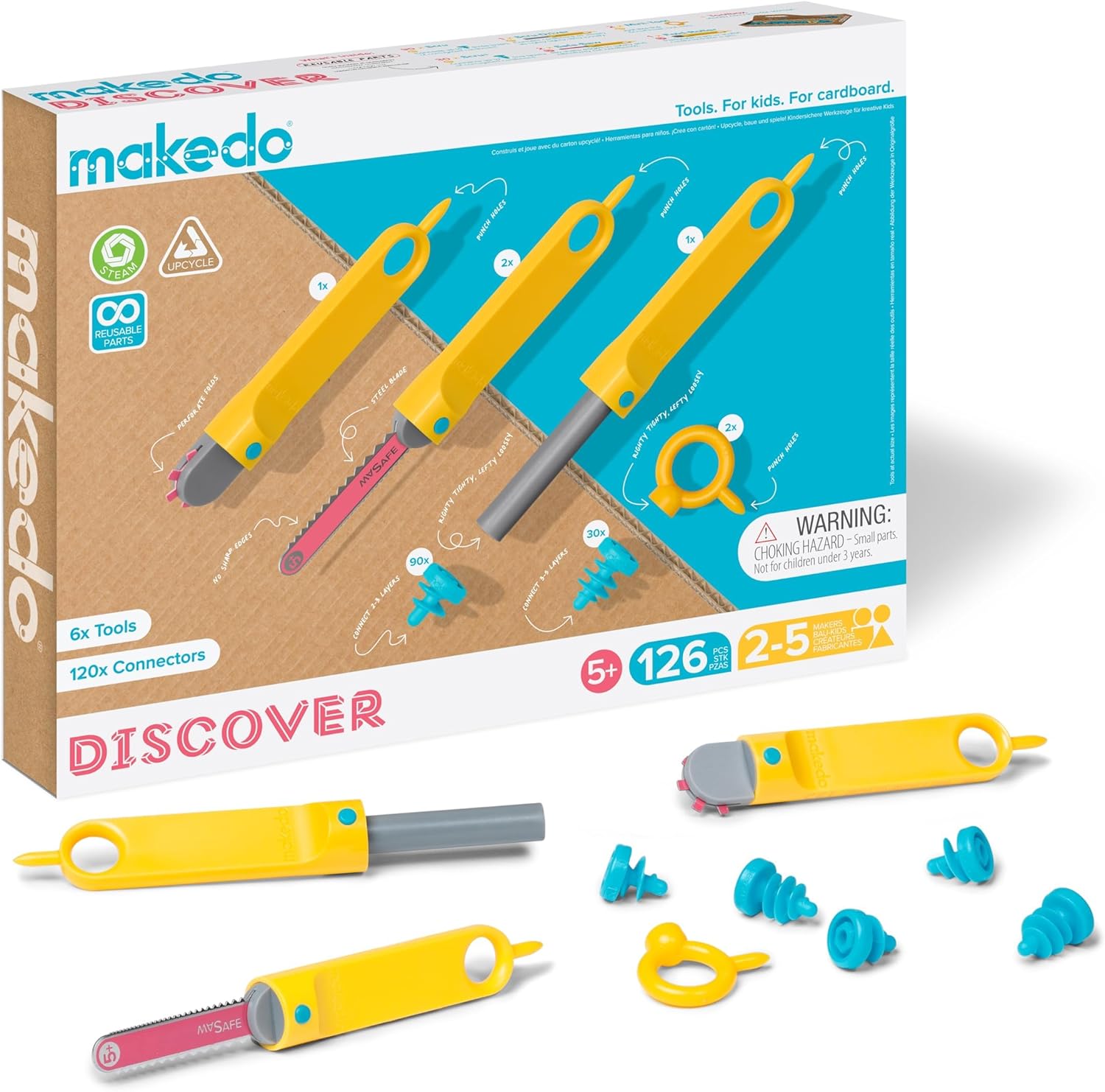 MakeDo Discover 126-Piece Cardboard Construction Tool Kit – STEM Maker Kit for 2-5 Kids (Ages 5+)