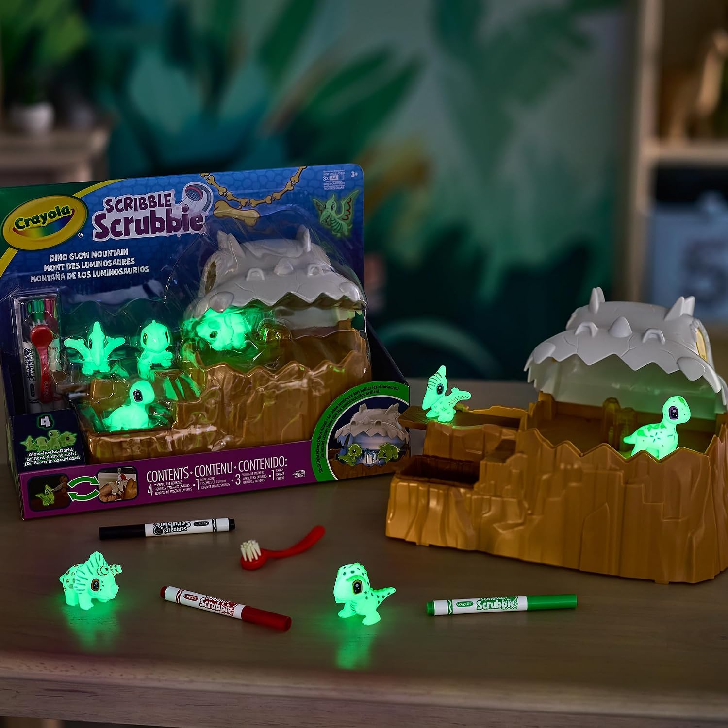 Crayola Scribble Scrubbie Glow Dino Mountain – Light-Up Cave Playset with Baby Dino Pets & Catapult (Ages 3+)