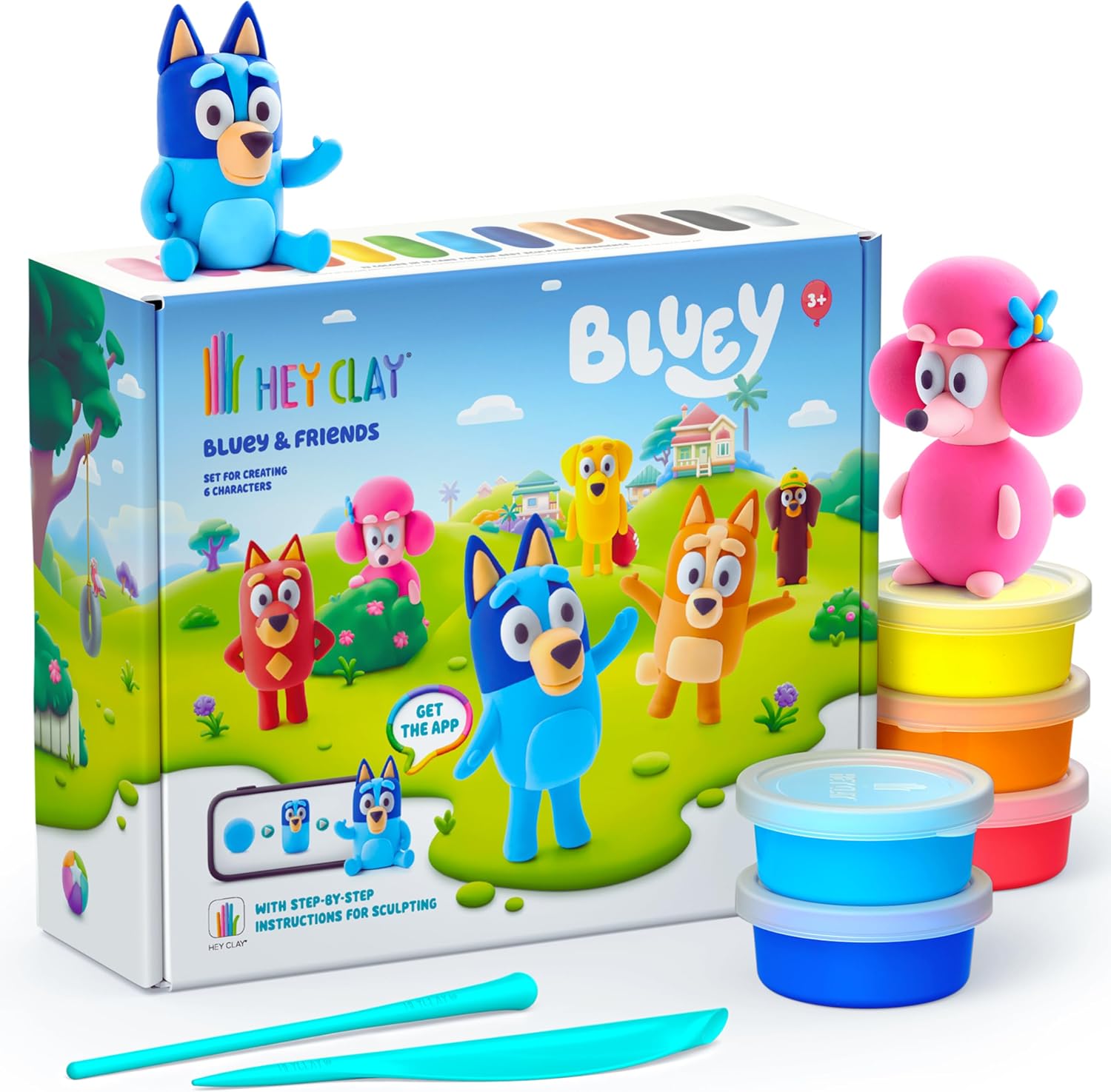 Hey Clay Bluey & Friends 15-Can Air-Dry Clay Kit – Sculpt Bluey, Bingo, Coco & More with App-Guided Instructions (Ages 3+)