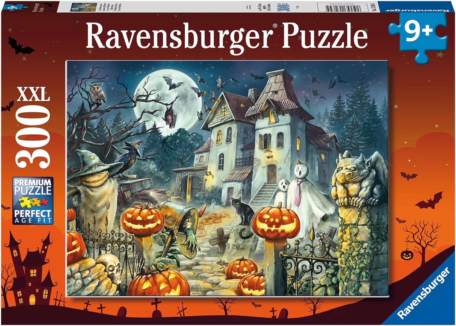 Ravensburger Halloween House 300-Piece XXL Jigsaw Puzzle – Spooky Haunted House with Gargoyle, Bats & Black Cat (Ages 9+)