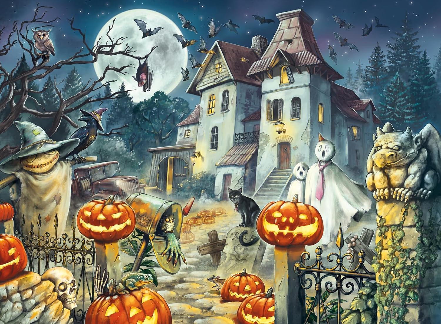 Ravensburger Halloween House 300-Piece XXL Jigsaw Puzzle – Spooky Haunted House with Gargoyle, Bats & Black Cat (Ages 9+)