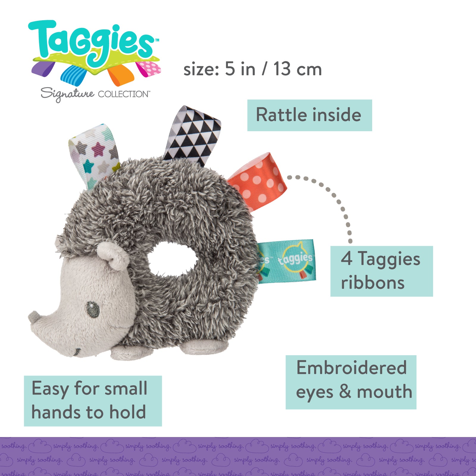Mary Meyer Taggies Heather Hedgehog Rattle 5" – Sensory Tag Rattle for Newborns