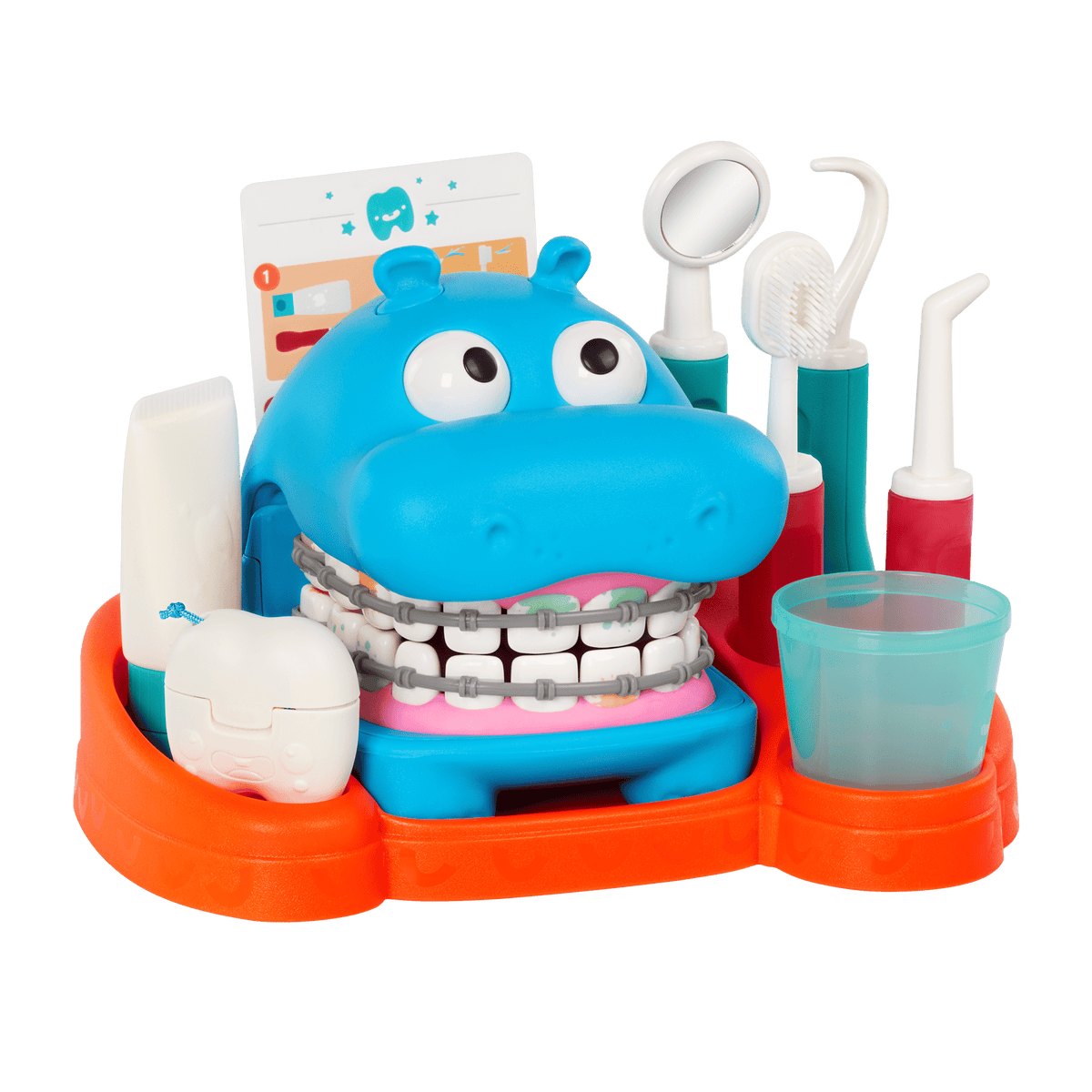Battat Hippodontist Dentist Play Set – 15-Piece Colour-Changing Hippo with Water Flosser & Removable Braces (Ages 3+)