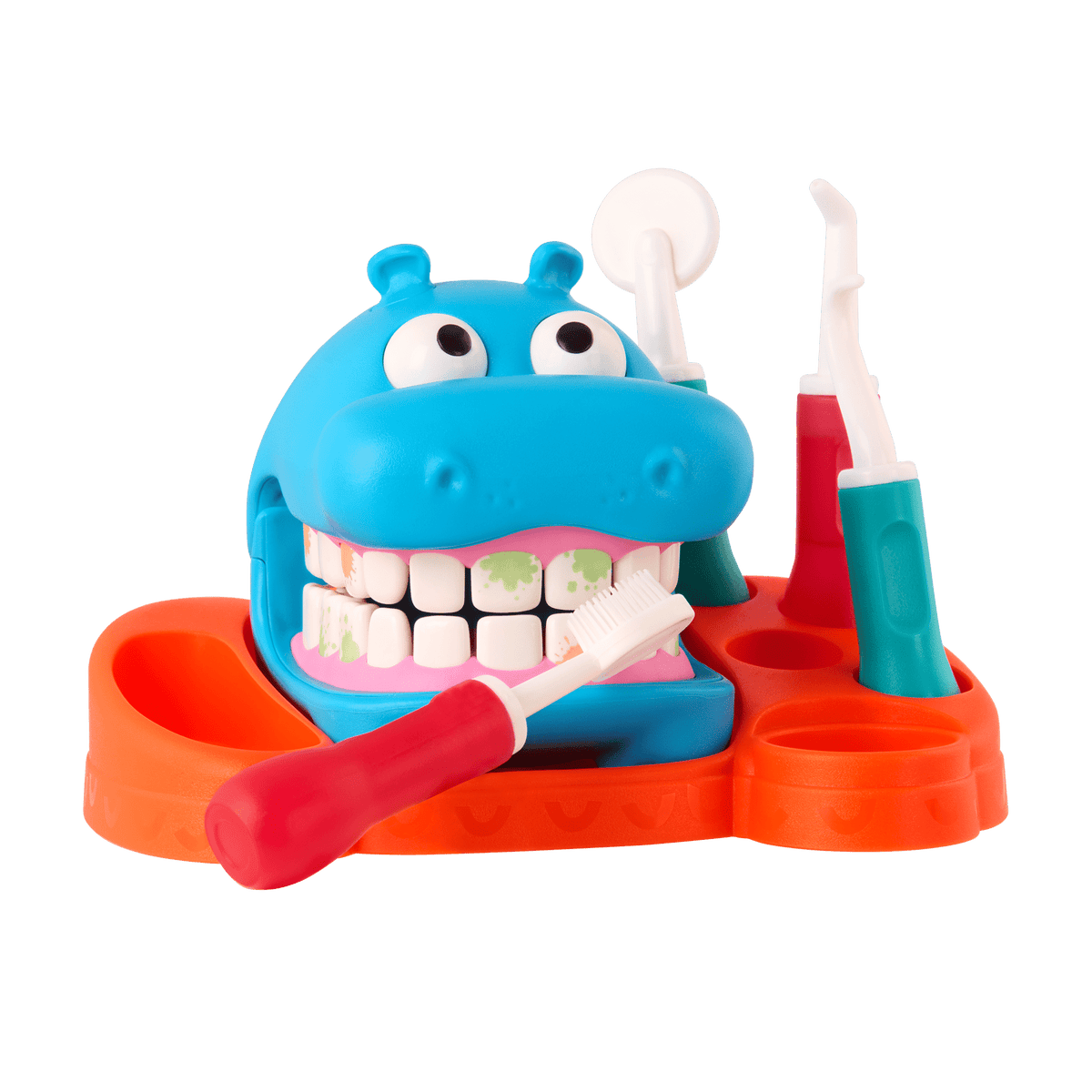 Battat Hippodontist Dentist Play Set – 15-Piece Colour-Changing Hippo with Water Flosser & Removable Braces (Ages 3+)