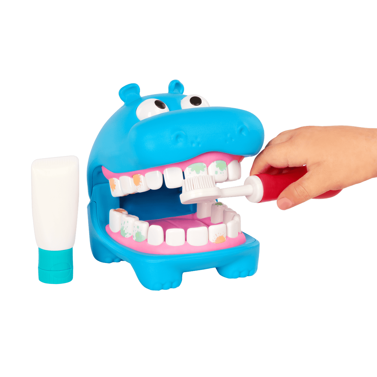 Battat Hippodontist Dentist Play Set – 15-Piece Colour-Changing Hippo with Water Flosser & Removable Braces (Ages 3+)