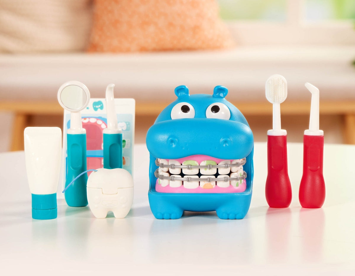 Battat Hippodontist Dentist Play Set – 15-Piece Colour-Changing Hippo with Water Flosser & Removable Braces (Ages 3+)