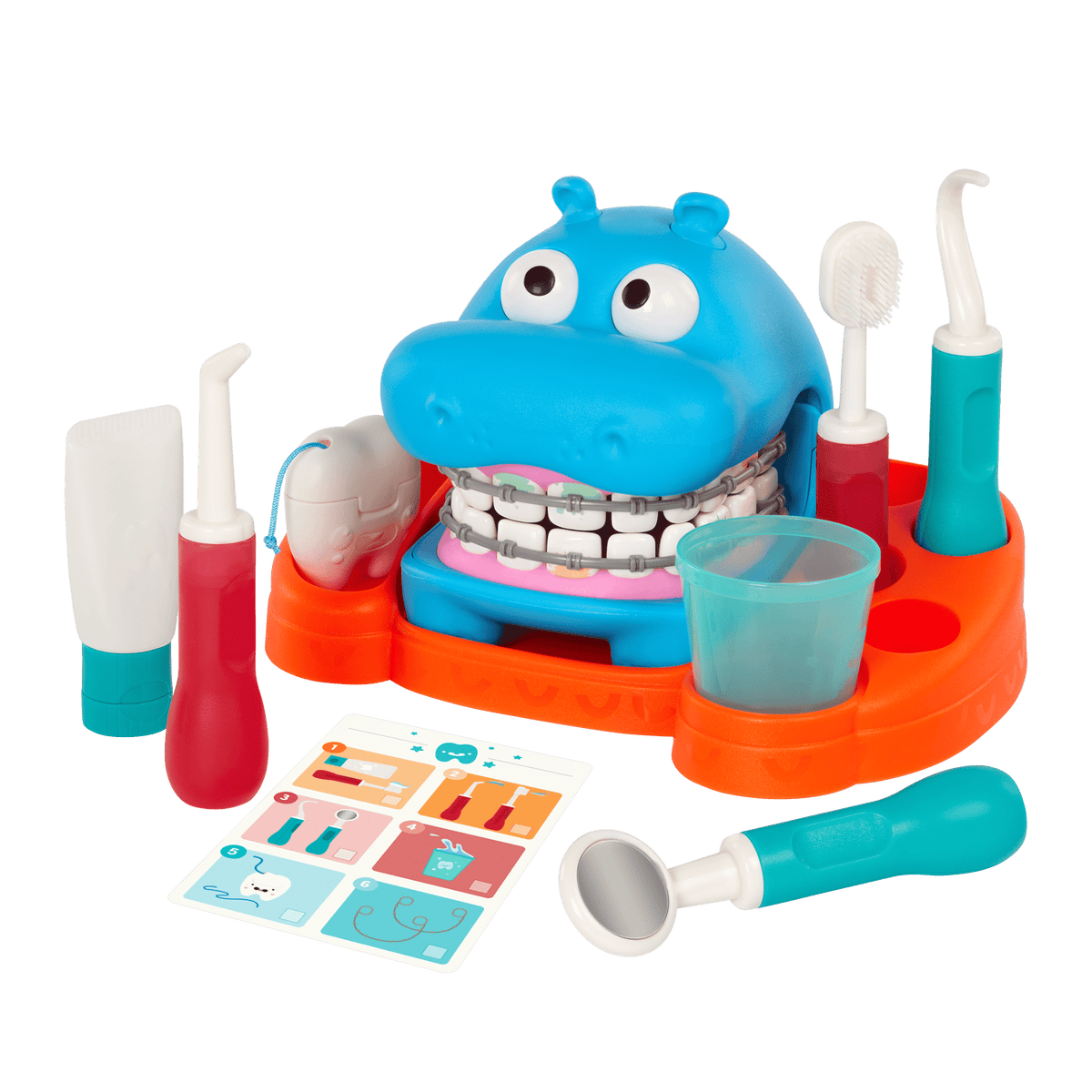 Battat Hippodontist Dentist Play Set – 15-Piece Colour-Changing Hippo with Water Flosser & Removable Braces (Ages 3+)