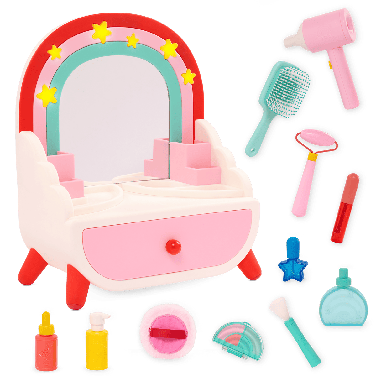 Battat Shine 'N' Smile Vanity Beauty Set – Light-Up Star Mirror, Working Drawer & 11 Beauty Accessories (Ages 3+)
