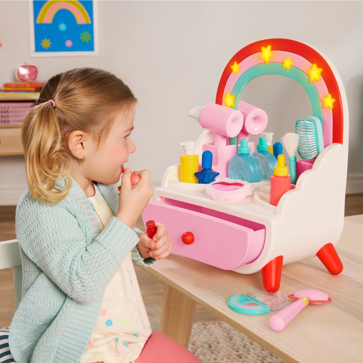 Battat Shine 'N' Smile Vanity Beauty Set – Light-Up Star Mirror, Working Drawer & 11 Beauty Accessories (Ages 3+)