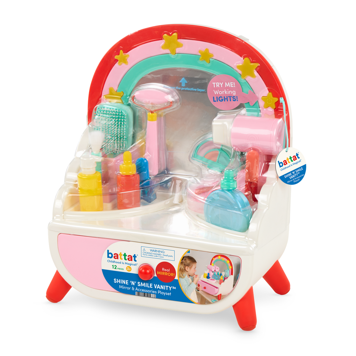 Battat Shine 'N' Smile Vanity Beauty Set – Light-Up Star Mirror, Working Drawer & 11 Beauty Accessories (Ages 3+)