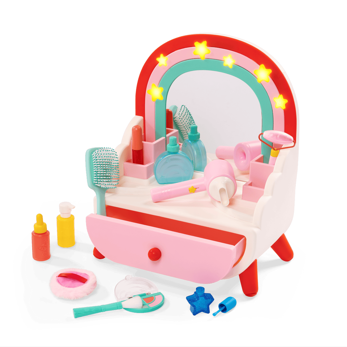 Battat Shine 'N' Smile Vanity Beauty Set – Light-Up Star Mirror, Working Drawer & 11 Beauty Accessories (Ages 3+)