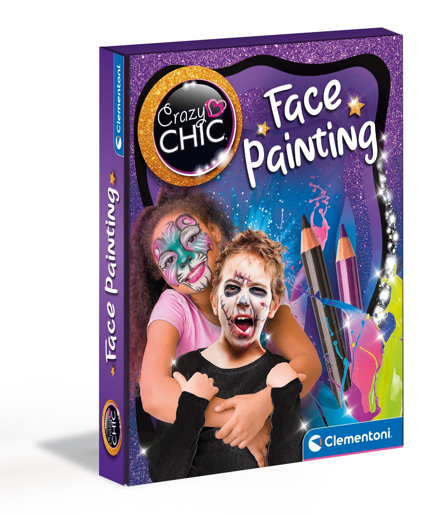 Clementoni Crazy Chic Face Painting Kit – Kids Halloween Face Paint Set with Eyeshadows, Pencils & Bat Sponges (Ages 6+)